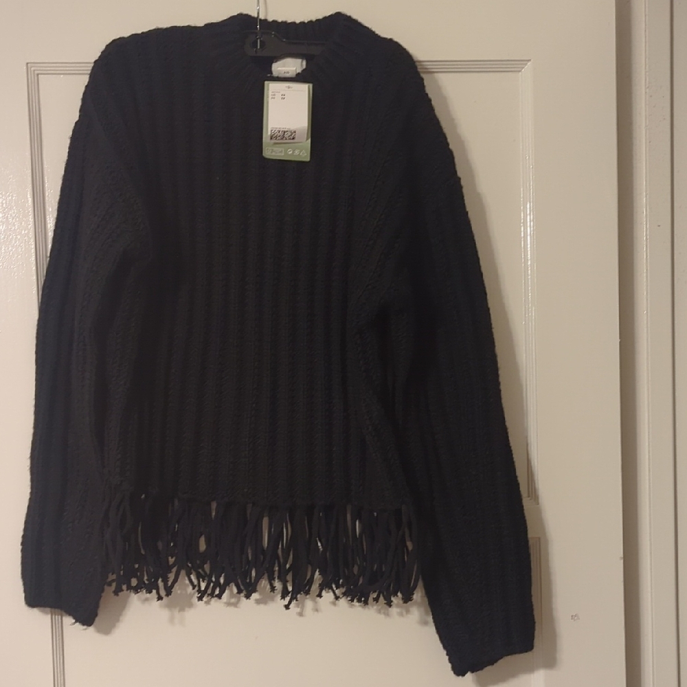 H&M Black Knit Crew Neck Sweater with Fringe Detail Size XS